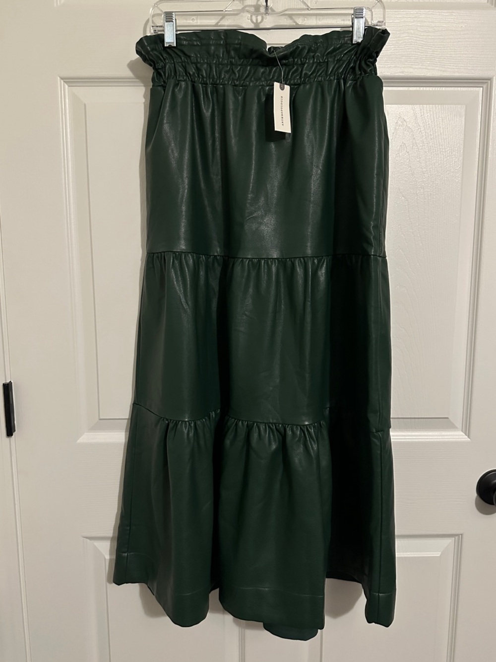 Anthropologie Dark Green Faux Leather Oversized Tiered Maxi Skirt